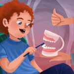 Cartoon boy learning how to brush a tooth model at the dentist.