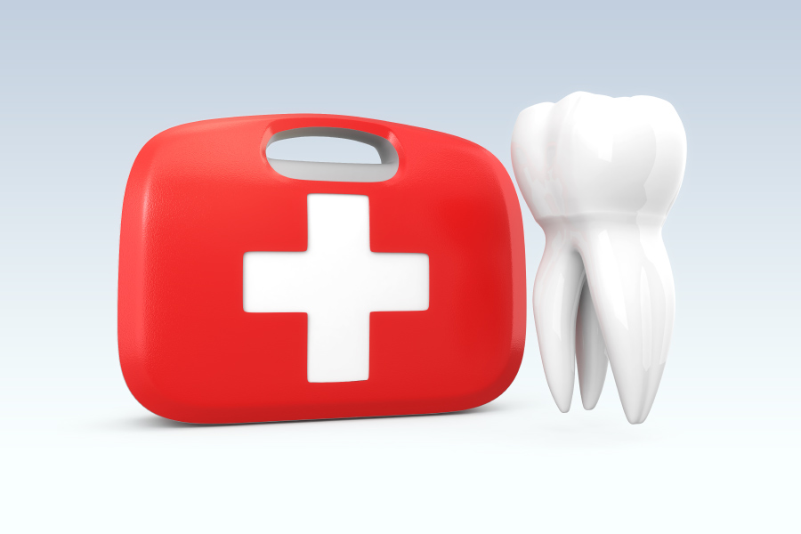 A tooth next to a red case with a plus sign to indicate a dental emergency